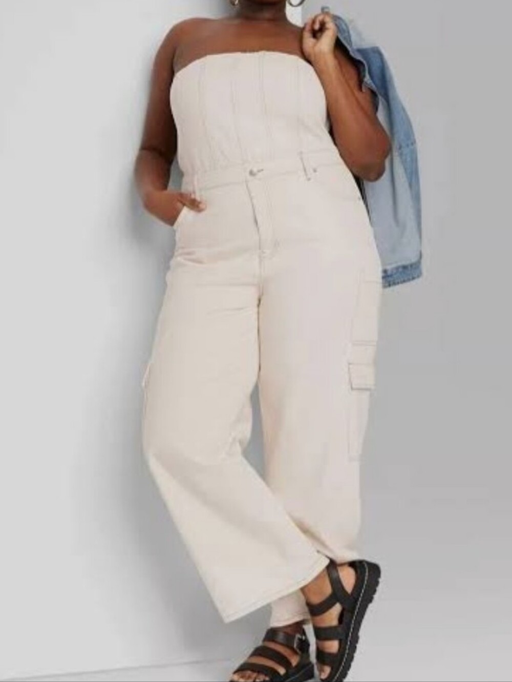 NWT Wild Fable Denim Jumpsuit Cargo Wide Leg Tube Top 2X Strapless 100% Cotton